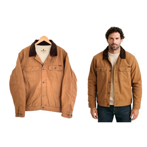 Woolrich Jacket Men XL Trucker Chore Coat Tan Canvas Brown Sherpa HMJ0220S - Picture 1 of 15